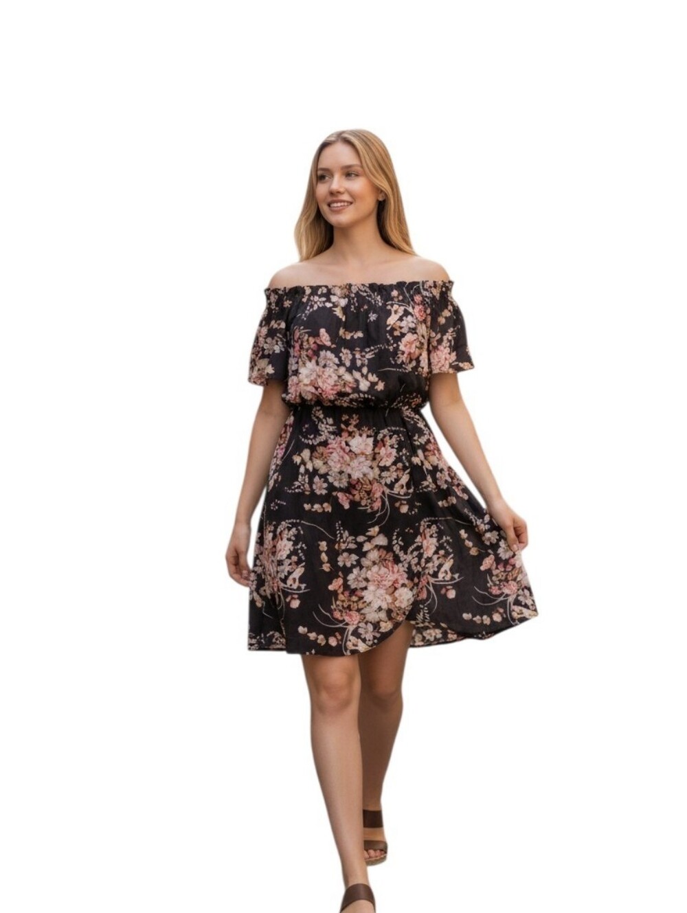 Off The Shoulder Black Floral Dress with Peach and Cream Blooms